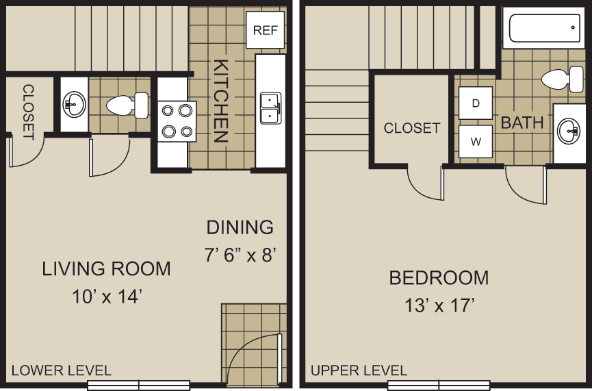 Floor plan for 1 bed, 1.5 baths, 864 sqft